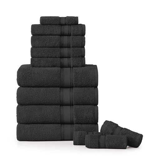 LANE LINEN 12 Pack Premium Towels for Bathroom – 100% Cotton Bath Towel Sets, Zero Twist, 4 Bath, 4 Hand Towel & 4 Wash Cloths, Highly Absorbent, Remains Soft After Wash, Hotel & Spa Quality – Black