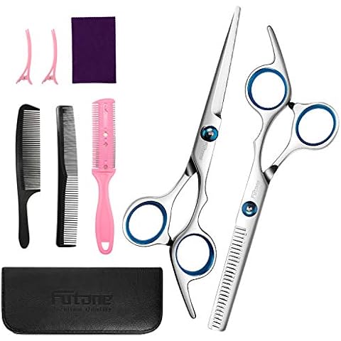 Professional Hairdressing Scissors Set, Hairdresser Barber scissors Hair Cutting thinning Scissors Salon Shears with Cape, Comb, Clips, Upgraded Haircut Set for men women kids (Blue) Cover