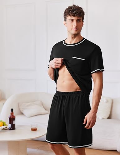 Image of Ekouaer Men's Pajamas Set Casual Short Sleeve Shirts and Shorts Soft 2 Piece Loungewear With Pockets