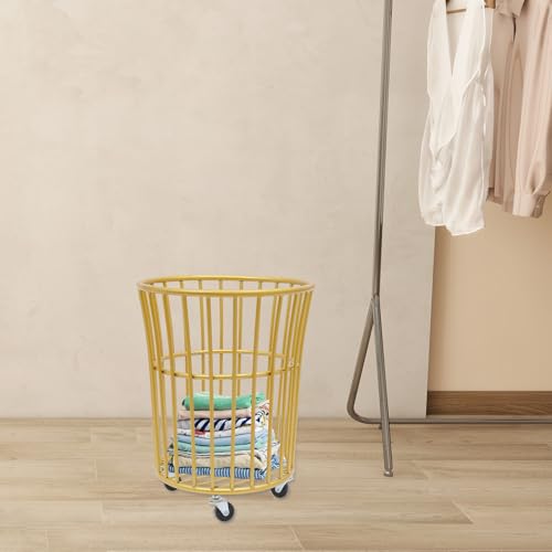 Image of Wire Metal Rolling Laundry Basket on Wheels | Mesh Wire Laundry Basket Storage Cart for Bathroom Bedroom Dirty Clothes Storage,11.8in Base Diameter, 14.2(D)x15.7in(H)