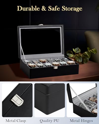 GUKA Watch Box, 12 Slot Watch Case with Large Real Glass Lid, Watch Organizer with Removable Watch Pillow, Black Synthetic Leather Watch Display, Black