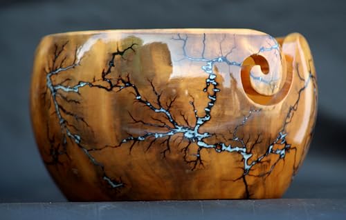 Image of Lichtenberg Figure Yarn Bowl - Handmade Wooden Yarn Bowl for Knitting Yarn Ball Holder - Yarn Bowls with Holes Crochet Bowl Holder - Yarn Storage Bowl 7 inch x 4 inch inches (Sky-Blue Resin Yarn Bowl)