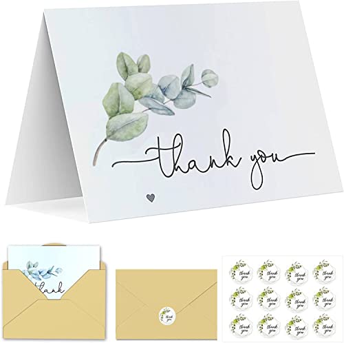 Blank Thank You Cards with Envelopes & Stickers 100 Pack, 3.6″x 5.5″ Minimalistic Eucalyptus Design Thank You Cards Bulk, Suitable for Baby Shower,Wedding, Business,Graduation,Bridal Shower, Birthdays, Parties and Special Events