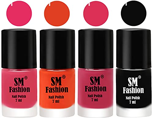Image of Nail Polish Combo Set (Pack of 4) Quick Dry Gel Finish Nail Paint | Dark Rose Pink,Reddish Orange ,Dusty Pink,Black | 7 ml Each