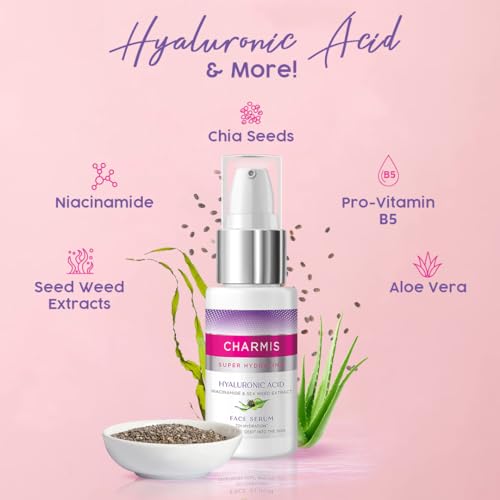 Charmis Super Hydrating Hyaluronic Acid Face Serum for 72H Hydration with Niacinamide Sea Weed Extracts for Plump and Bouncy Skin, 30ml, White