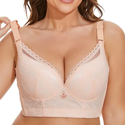 Women Push Up Deep Cup Bra Longline Underwire Plus Size Full Back Lace Bra Light Pink 44D - Image 4