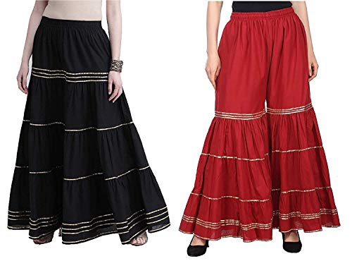TNQ Women&#39;s Mid Rise Garara/Sharara Palazzo Pants with Gota Work Combo Set of 2Pcs (Black.Maroon, Free Size)