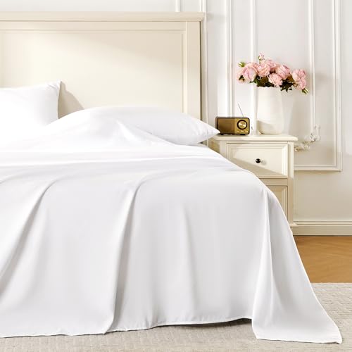 ROSE&RISY White Queen Sheet Set, 4 Pieces Soft Bedding Queen Sheet Set, Breathable and Cooling Sheets, Deep Pocket with 1 Fitted, 1 Flat, 2 Pillow Cases (White, Queen Size)