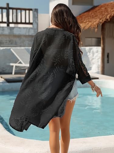BB&KK Kimonos for Women Long Beach Cover Ups Summer Swimwear Sheer Boho Embroidery Open Front Floral Midi2