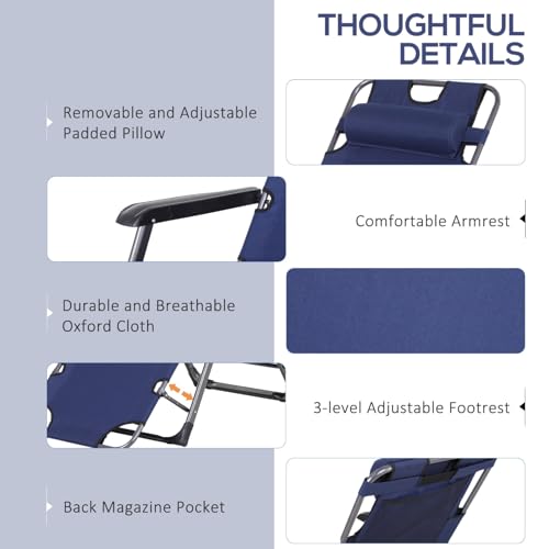 Image of Lounge Chair Full Flat Cot 2 in 1 Zero Gravity Chair Portable Foldable Recliner for Headrest Resting Adjustable Pillow Camping Chair Pool Side Beach Lawn Chair with Pillow (Blue)