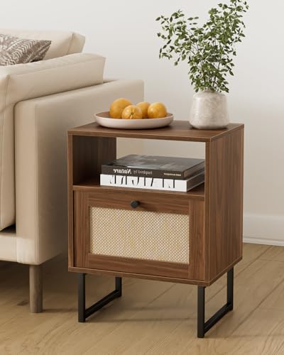 Image of Rattan Nightstand, Boho Night Stand Farmhouse Wood Bedside Table with Storage and Open Shelf, End Side Accent Table for Bedroom,Living Room,Walnut