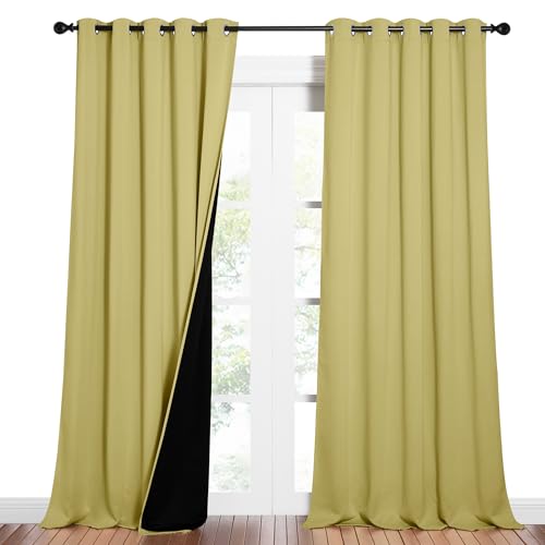 Image of NICETOWN Total Shade Curtains and Draperies, Heavy-Duty Full Light Shading Drapes with Black Liner Backing for Villa /Hall /Dorm Window（Paler Yellow, Package of 2 Panels, 62 inches Wide x 95 inches Long