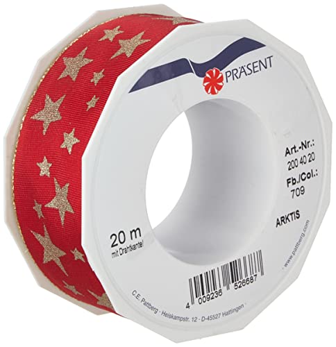 C.E. Pattberg Präsent Arktis - Rollo de Lazo con Alambre (tafetán con Bordes Dorados, diseño de Estrellas, 40 mm x 20 m), Color Rojo