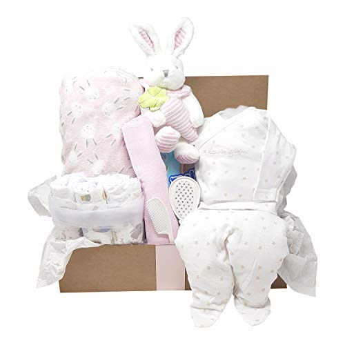 Mababyshop- Canastilla bebe Modelo Funny Rabbit con manta de bebé, peluche, pijama y esenciales de recién nacido (Rosa)
