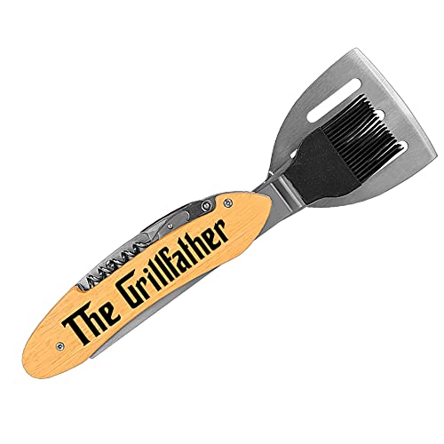 Grill Father Five in One Tool Grill Accessory - Engraved Laser Color Brown On Beech Wood Includes Stainless Steel Spatula Basting Brush Fork Wine Opener Bottle Opener 11 1/2" x 1 3/4"