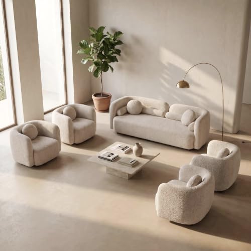 Image of 5 Piece Curved Couch Set for Living Room, Boucle Sofa Set with 1 Modern 3-Seater Sofa & 4 Accent Chairs, Deep Seat Conversation Seating Furniture for Open Concept Spaces,Home Office (Beige)