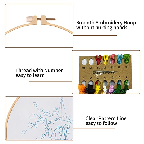 Image of Nuberlic 3 Sets Cute Cat Embroidery Kit for Adults Beginners, Stamped Cross Stitch Starter Kits Include Needlepoint Cloth Hoops Needles Threads and Instruction