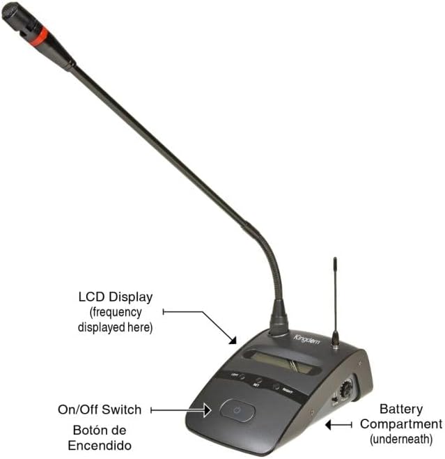 Close-up of a Kingdom podium microphone showing LCD display, On/Off switch, and battery compartment
