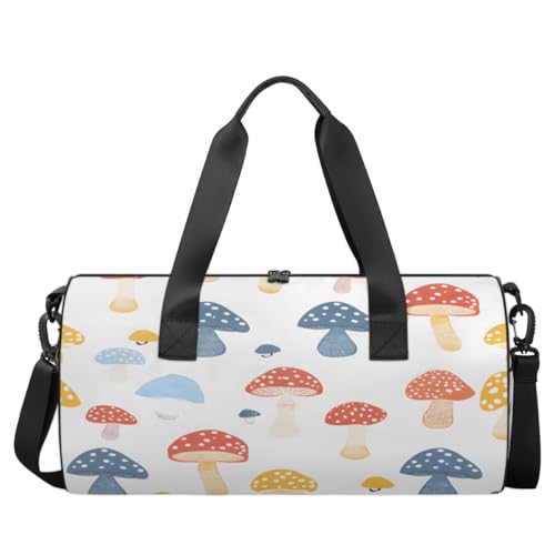 Cartoon Mushrooms Round Barrel Sports Fitness Bag, Travel Luggage Bag, Reusable Handbag, Suitable For Men and Women2