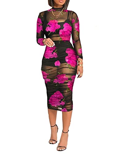 Image of Women Sexy See Through Mesh Long Sleeve Ruched Midi Dresses Crop Top Bodycon Skirt 3 Piece Outfits Set Clubwear