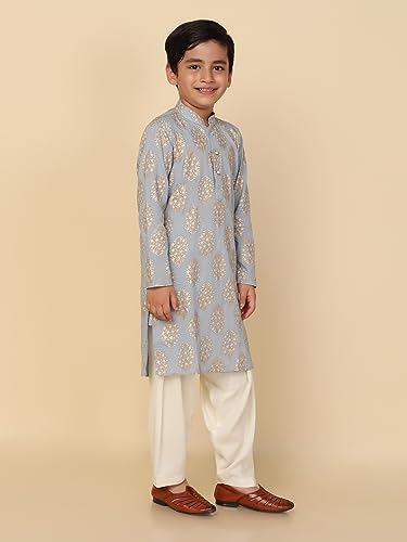 Image of KISAH Kid's Full Sleeves Cotton Blend Knee Length Printed Sky Blue Kurta Patiala Set (3-4Y)