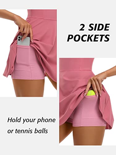 Attraco Womens Sleeveless Exercise Dress With Bra And Shorts Athletic Workout Dress With Pockets For Summer Pink #TOP3