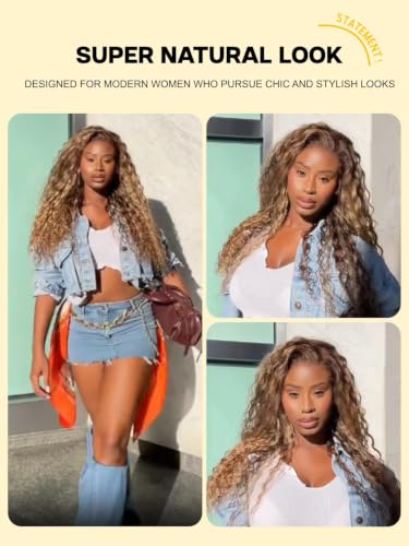 Image of Sunber 13x4 Bye Bye Slip Lace Frontal Human Hair Wig with Honey Blonde 18 inch | Highlights Water Wave Glueless Drawstring Wig Pre Everthing Pre Cut HD Lace Front Wigs Pre Plucked Knots 150% Density