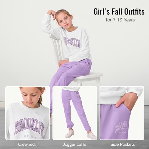 Image of DREAM BUS Girl Letter Print Clothes Drop Shoulder Sweatshirt and Pants with Pockets for Girls Tween Girl Fall Pants Set