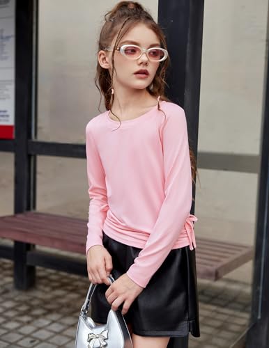 Image of Arshiner Girls Long Sleeve Shirts Ruched Knot Side Tunic Blouse Tee Tops