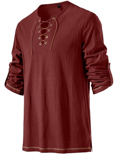 Image of JEMITOP Men's Pure Cotton Vintage Lace Up Shirts for Pirate Renaissance Viking Medieval Costume Without Belt