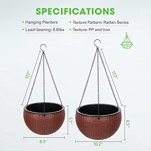 Vivosun Hanging Planters Self Watering Hanging Basket For Indoor Outdoor Plants Flower Plant Pot Brown, 2 Differernt Pieces (8.3" & 10.2") #TOP5