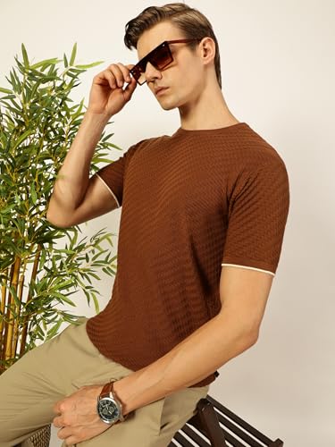 Image of Thomas Scott Men's | Textured | Half Sleeve | Slim Fit | 100% Cotton | Round Neck | Casual Tshirt