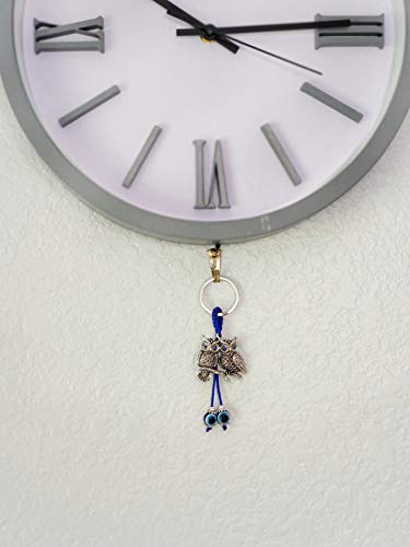 Luckboostium Two Owls Charm With Evil Eye Bead & Blue Crystal Eyes Keychain Ring - Sign Of Good Fortune, Good Luck & Blessing - Home, Bags & Car Rear View Mirror Hanging Accessories (2” X 4.5”) #TOP3