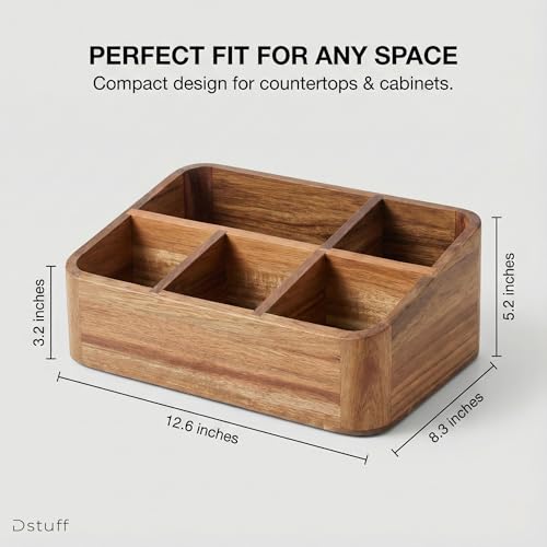 Dstuff Acacia Wood Coffee Station Organizer for Countertop, Tea Organizer and Holder, Coffee Bar Caddy with Multiple Compartments for Home and Office Decor - Thumbnail 2