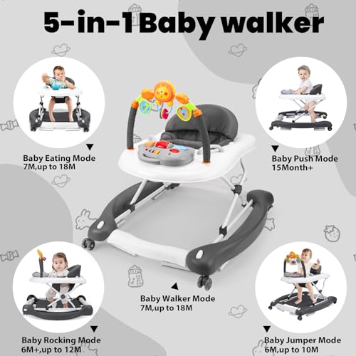 baby walker 5-in-1 baby walkers for boys and girls 6-12 months with bouncer removable footrest feeding tray amp music foldable amp adjustable activity walker for 6-18 months toddler infant