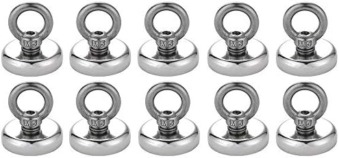 Magnetic Hooks with Eyebolt,Strong Neodymium Magnets Powerful 75 LB Pulling Force Each Rare Earth Magnet with Stainless Steel Countersunk Hole 1.26 INCH（32mm）Dia Pack of 10