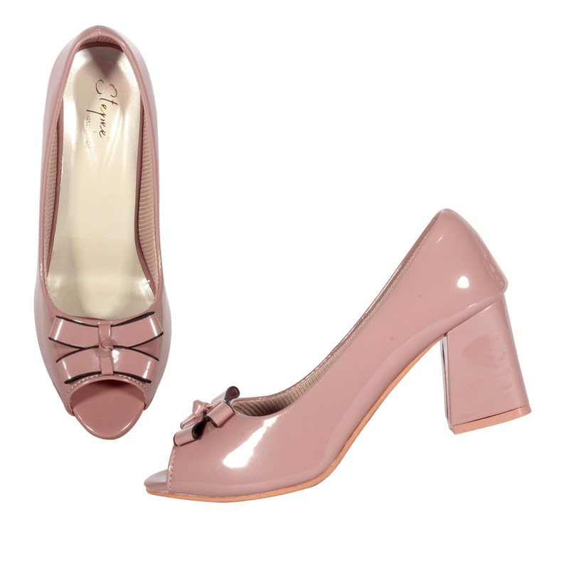 Stepee Casual & Stylish Upper Bow Style Peach Peep Toes Pumps Slip on Block Heel Belles for Women (B0CPJ12KNH) Amazon Price History, Amazon Price Tracker