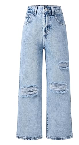 Happy Cherry Filles Jeans Jambe Large Enfants Mode Déchiré Troué Jean Élastique Taille Bleu Denim Pantalon Large avec Poches, 9-10 Ans