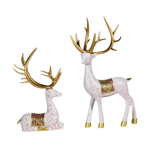 PawwJoy Lot de 2 statues de renne - Figurines de cerf - Décoration d'intérieur - Artisanat - Couple d'élan - Sculptures pour table, bibliothèque, armoire, salle à manger
