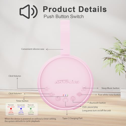 Image of White Noise Sound Machine for Sleeping Adults & Baby, Portable Noise Machine with 24 Soothing Sounds, Bluetooth 5.1, Battery Powered, 3 Timer Settings, Memory Function for Home, Office, Travel (Pink)