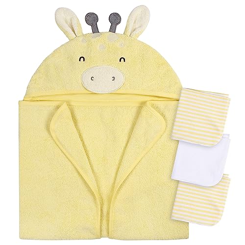 Image of Gerber Baby 4 Piece Animal Character Hooded Towel and Washcloth Set, Yellow Giraffe, One Size