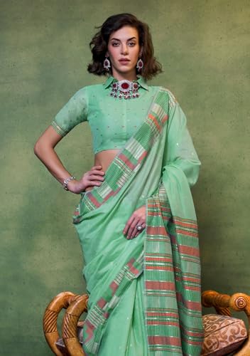 Image of SGF11 Women's Soft Cotton Linen Silk Saree With Unstitched Blouse Piece