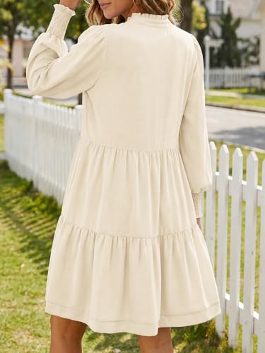 Image of Imily Bela Womens Fall Long Sleeve Tunic Dress Casual V Neck Tiered Dress | Loose,Swing,A-Line,Ruffled Collar,Puff Balloon Sleeve,Smocked Elastic Cuffs,Tiered Layered Ruffle Hem,Babydoll,Loose,Mini