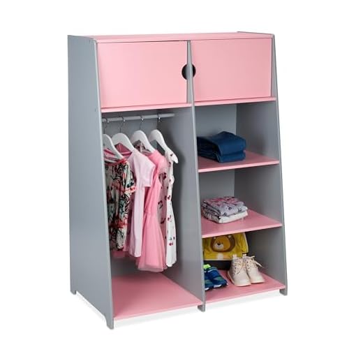 Relaxdays Armario Ropero, Perchero Niños con Cajones, 120 x 90 x 48 cm, Guardarropa Infantil, MDF, Gris y Rosa, 100% Tablero de Fibra