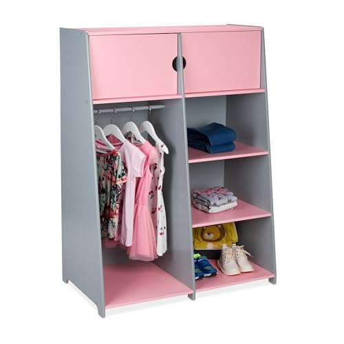 Relaxdays Armario Ropero, Perchero Niños con Cajones, 120 x 90 x 48 cm, Guardarropa Infantil, MDF, Gris y Rosa, Tablero de Fibras