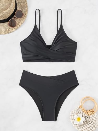 Limeeke Women's High Waisted Bikini Sets V Cut Bottom Two Piece Swimsuit Cross Front Adjustable Strap Bathing Suit4