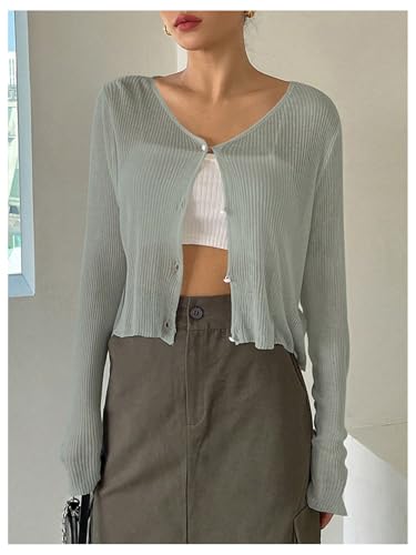 Image of Floerns Women's Ribbed Knit Long Sleeve Button Front V Neck Cardigan Crop Top