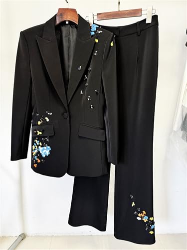 Women's 2025 Spring Elegant 2 Pcs Set Sequins Patchwork Packets Lapel Blazer High Waist Long Pant Female Suit2