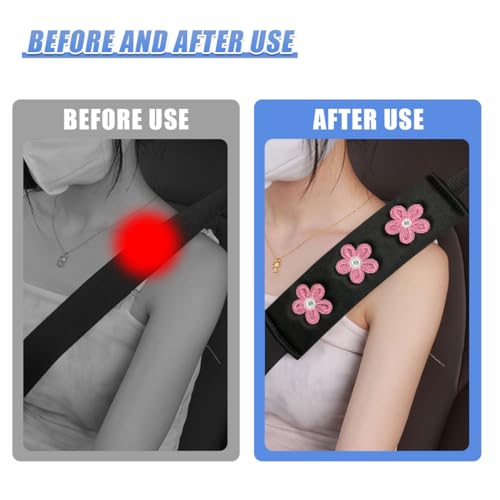 Image of 4PCS Daisy Flower Car Seat Belt Cover Pads, Protect Neck, DeepPink | Soft Breathable Auto Seat Shoulder Strap Pad, Comfortable Seatbelt Cushion, Vehicle Interior Decoration for Cars, Trucks