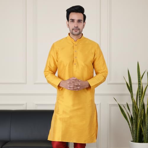 Image of Sadree Men's Silk Blend, Knee Length, Full Sleeve, Mandrin Collor, Solid Style, Attractive Colour, Solid Plain Kurtas